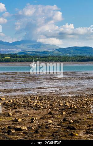 Ebbe auf der Menai Strait mit den Snowdonia Mountains im Hintergrund, Anglesey, Nordwales Stockfoto