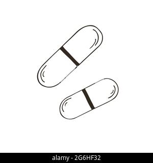 Umriss medizinisches Symbol. Vektorgrafik im Handzeichnen-Stil. Bild auf weißem Hintergrund isoliert. Medizinische Werkzeuge. Tablette, Pille, Medizin, Kapsel Stock Vektor