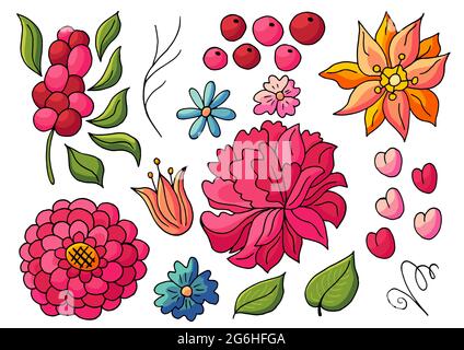 Sammlung von Vektor-floralen Elementen. Blumen und Blätter im Handzeichnen-Stil. Elemente für Ihr Design. Pfingstrosen und Beeren Stock Vektor