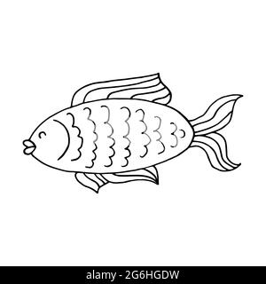 Konturfische. Marine Thema Symbol in Hand zeichnen Stil. Niedliche kindliche Illustration des Meeres Leben. Symbol, Abzeichen, Aufkleber, Aufdruck für Kleidung Stock Vektor