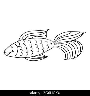 Kontur. Süßer Fisch. Marine Thema Symbol in Hand zeichnen Stil. Niedliche kindliche Illustration des Meeres Leben. Symbol, Abzeichen, Aufkleber, Aufdruck für Kleidung Stock Vektor