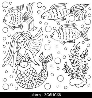 Satz von Symbolen im Handzeichnen-Stil. Abbildung der Liner. Sammlung von Zeichnungen zum Thema Meer. Meerjungfrau, Fisch, Algen Stock Vektor