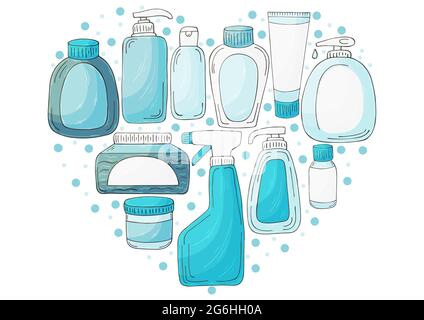 Herz-Vektor-Satz von Elementen. Set von Bad-Elementen in Hand zeichnen Stil. Sammlung von Dosen, Verpackungen. Antiseptisch, Zahnpasta, Gel, Seife, Creme, rin Stock Vektor