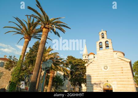 Schöner Blick auf die orthodoxe christliche Kirche St. Nikolaus in der Altstadt von Budva in Montenegro an einem sonnigen Tag neben Palmen Stockfoto