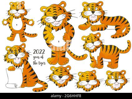 Set von Tigern im Handzeichnen-Stil. Symbol von 2022. Gesichter von Tigern. Kollektion Neujahr 2022 Stock Vektor