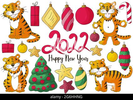 Symbol von 2022. Set von Tigern und Neujahr-Elementen im Handzeicherstil. Illustrationen zur Kollektion Stock Vektor