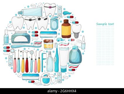 Runde Sammlung von Vektorgrafiken, Text. Set von Elementen für die Pflege der Mundhöhle in Hand zeichnen Stil. Zahnreinigung, zahnärztliche Instrumente Stock Vektor