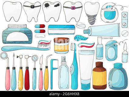 Set von Elementen für die Pflege der Mundhöhle in Hand zeichnen Stil. Zahnreinigung, Zahngesundheit, zahnärztliche Instrumente. Zahnseide, Paste Stock Vektor