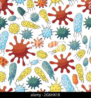Nahtloses Muster mit Bakterien, Viren. Set von Cartoon-Elementen im Handzeichentrick-Stil. Coronavirus, Mikroorganismen Stock Vektor