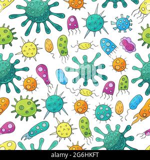 Nahtloses Muster mit Bakterien und Viren. Set von Cartoon-Elementen im Handzeichentrick-Stil. Coronavirus, Mikroorganismen Stock Vektor