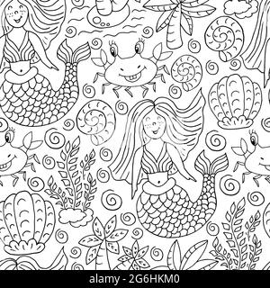 Vektor Nahtloses Muster in Hand zeichnen Stil. Abbildung der Liner. Muster, Hintergrund zum Thema Meer. Meerjungfrau, Muscheln, Krabben Stock Vektor