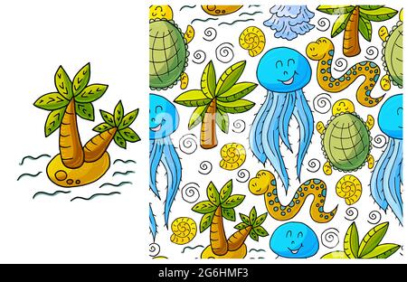 Set aus Element und nahtlosem Muster. Ideal für Kinderkleidung. Palme und Hintergrund mit marinen Elementen. Niedlich Stock Vektor