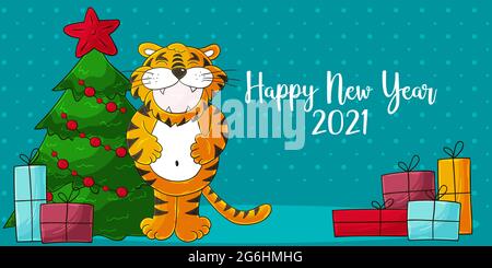 Astrologisches Symbol von 2022. Lange Neujahrskarte im Hand-Draw-Stil. Weihnachtsbaum, Geschenke, Tiger. Cartoon-Illustration für Postkarten, Kalender, poste Stock Vektor