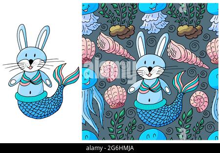 Set aus Element und nahtlosem Muster. Ideal für Kinderkleidung. Hasenmermaid und Hintergrund mit Muscheln und Meer Stock Vektor