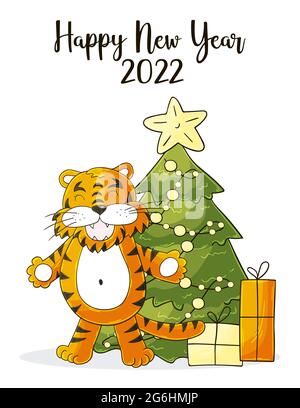 Symbol von 2022. Neujahrskarte im Handdraw-Stil. Weihnachtsbaum, Geschenke, Tiger. Neues Jahr 2022. Cartoon-Illustration Stock Vektor