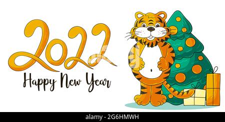 Symbol von 2022. Vektor-Karte mit einem Tiger in Hand zeichnen Stil. Neujahr. Beschriftung 2022. Cartoon-Illustration für Karten, Kalender, Poster, Flyer Stock Vektor