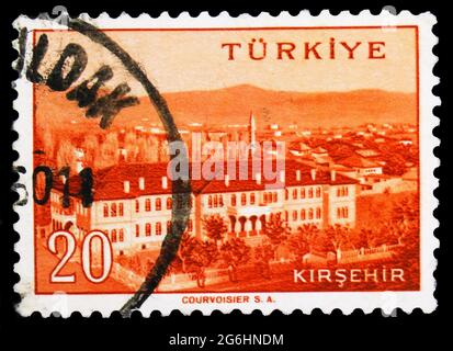 MOSKAU, RUSSLAND - 28. APRIL 2020: Die in der Türkei gedruckte Briefmarke zeigt Kirsehir, Cities (V) Serie, um 1959 Stockfoto