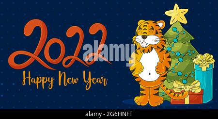 Symbol von 2022. Beschriftung 2022. Dunkle Vektor-Grußkarte mit einem Tiger in Hand zeichnen Stil. Neujahr. Cartoon-Illustration für Karten, Kalender, Poster Stock Vektor