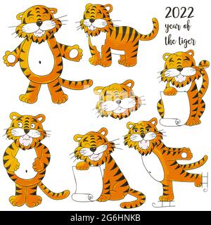 Symbol von 2022. Set von Tigern im Handzeichnen-Stil. Gesichter von Tigern. Neujahr 2022. Sammlung von Illustrationen Stock Vektor