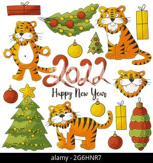 Symbol von 2022. Set von Tigern und Neujahr-Elementen im Handzeicherstil. Sammlung von niedlichen Vektor-Illustrationen Stock Vektor