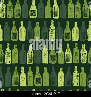 Vektor grüne Weinflaschen Skizze Illustration nahtlose Muster. Perfekt für Stoff-, Restaurant-Menü- und Tapeten-Projekte. Stock Vektor