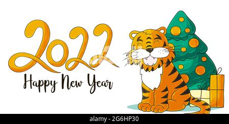 Symbol von 2022. Vektor-Karte mit einem Tiger in Hand zeichnen Stil. Neujahr. Beschriftung 2022. Cartoon-Illustration für Karten, Kalender Stock Vektor
