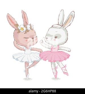 Zwei entzückende Ballerina bunnyes Illustration. Weiße tanzende Kaninchen illuatration. Kann für T-Shirt-Print verwendet werden, Kinder tragen Mode-Design, Baby-Dusche Stockfoto