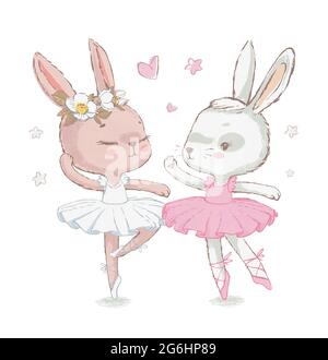 Zwei entzückende Ballerina bunnyes Illustration. Weiße tanzende Kaninchen illuatration. Kann für T-Shirt-Print verwendet werden, Kinder tragen Mode-Design, Baby-Dusche Stockfoto