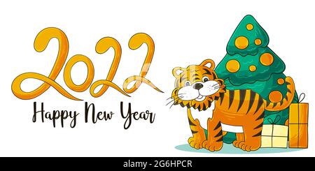 Symbol von 2022. Vektor-Karte mit einem Tiger in Hand zeichnen Stil. Neujahr. Beschriftung 2022. Cartoon-Illustration für Karten, Kalender, Poster Stock Vektor