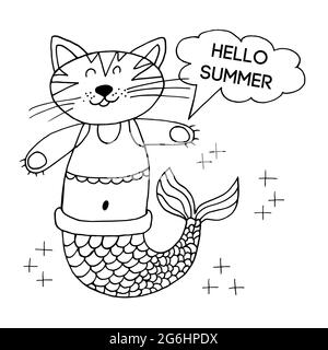 Niedliche Postkarte im Handzeicherstil. Abbildung der Liner. Bild zum Thema Meer. Meerjungfrau Katze. Hallo Sommer Stock Vektor