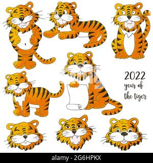 Symbol von 2022. Set von Tigern im Handzeichnen-Stil. Gesichter von Tigern. Neujahr 2022 Stock Vektor