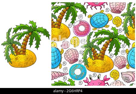 Set aus Element und nahtlosem Muster. Ideal für Kinderkleidung. Palme und Hintergrund mit marinen Elementen. Niedliche Illustrationen Stock Vektor
