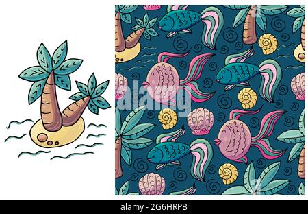 Set aus Element und nahtlosem Muster. Ideal für Kinderkleidung. Palmen und Meereshintergrund Stock Vektor