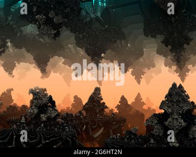 Fraktale Höhle mit Stalaktiten und Stalagmiten., eine Höhle tief in der Erde zeigen. Durch die verschiedenen Muster leuchten mehrere Lichter. 3D-Rendering Stockfoto