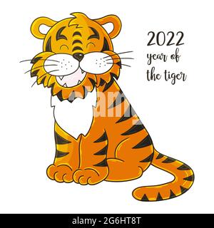 Symbol von 2022. Illustration mit Tiger im Handzeichnen-Stil. Neujahr 2022. Tiger sitzt. Cartoon Tier für Kalender Stock Vektor