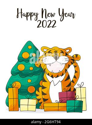 Symbol von 2022. Weihnachtsbaum, Geschenke, Tiger. Neues Jahr 2022. Neujahrskarte im Handdraw-Stil. Cartoon-Illustration für Postkarten, Kalender Stock Vektor