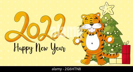 Symbol von 2022. Gelbe Vektor-Grußkarte mit einem Tiger in Hand zeichnen Stil. Neujahr. Beschriftung 2022. Cartoon-Illustration für Karten, Kalender, Post Stock Vektor