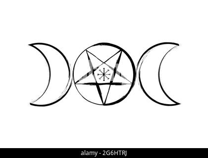 Triple Moon Goddess Wicca Pentacle Symbol, heidnische Hexerei-Ikone im Pinselstrich-Stil. Vektor auf weißem Hintergrund isoliert Stock Vektor