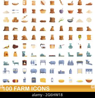 100 Farmsymbole eingestellt. Cartoon Illustration von 100 Bauernhof-Icons Vektor-Set isoliert auf weißem Hintergrund Stock Vektor