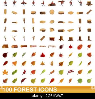 100 Symbole für die Gesamtstruktur eingestellt. Cartoon-Illustration von 100 Wald-Symbole Vektor-Set isoliert auf weißem Hintergrund Stock Vektor