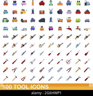 100 Werkzeugsymbole gesetzt. Cartoon Illustration von 100 Tool Icons Vektor-Set isoliert auf weißem Hintergrund Stock Vektor