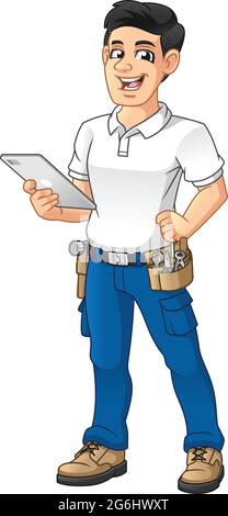 Handwerker mit einem Werkzeugausrüstung Gürtel halten Tablet, Menschen bei der Arbeit, Vektor-Charakter-Illustration, Cartoon Mascot Logo in isolierten weißen Hintergrund. Stock Vektor