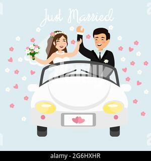 Vektordarstellung eines gerade verheirateten Paares, das in den Flitterwochen ein weißes Auto fährt. Hochzeit Braut und Bräutigam in flachen Cartoon-Stil. Stock Vektor