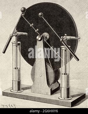 Die Wimshurst-Einflussmaschine ist ein elektrostatischer Generator, eine Maschine zur Erzeugung von Hochspannungen, die zwischen 1880 und 1883 vom britischen Erfinder James Wimshurst (1832–1903) entwickelt wurde. Es hat ein unverwechselbares Aussehen mit zwei großen, kontra-rotierenden Scheiben, die in einer vertikalen Ebene montiert sind, zwei gekreuzten Stäben mit Metallbürsten und einem Funkenspalt, der aus zwei Metallkugeln besteht. Alte, gravierte Illustration aus dem 19. Jahrhundert von La Nature 1893 Stockfoto