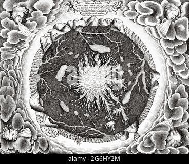 Schnittansicht der Erde, zeigt Zentralfeuer und unterirdische Kanäle, die mit Ozeanen verbunden sind, 1665. Aus Mundus Unterirdischer von Athanasius Kircher (1602-1680) deutscher Jesuitenwissenschaftler und polymat. Alte, gravierte Illustration aus dem 19. Jahrhundert von La Nature 1888 Stockfoto