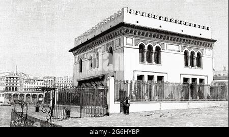 Das Aquarium, zoologische Station von Algier. Algerien, Afrika. Alte, gravierte Illustration aus dem 19. Jahrhundert von La Nature 1888 Stockfoto