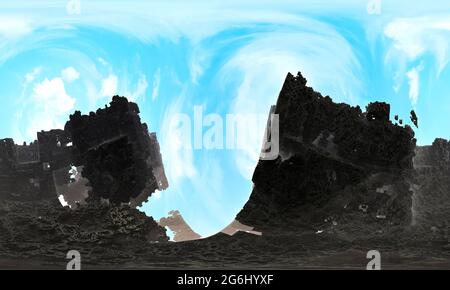 Berge vor dem Hintergrund von Wolken. Fraktal gezackt scatter topographische künstliche Landschaft Berg. Das Bild enthält einen Schwarzweiß-eff Stockfoto