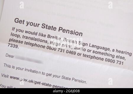Einladung der britischen Regierung zur Beantragung einer staatlichen Pension Stockfoto