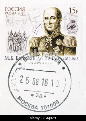 MOSKAU, RUSSLAND - 4. MÄRZ 2020: Briefmarke gedruckt in Russland mit Briefmarke von Moskau zeigt 250. Jahrestag der Geburt von M. B. Barclay de Tolly, Serie, Stockfoto