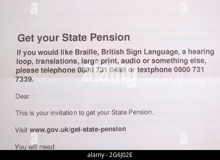 Einladung der britischen Regierung zur Beantragung einer staatlichen Pension Stockfoto